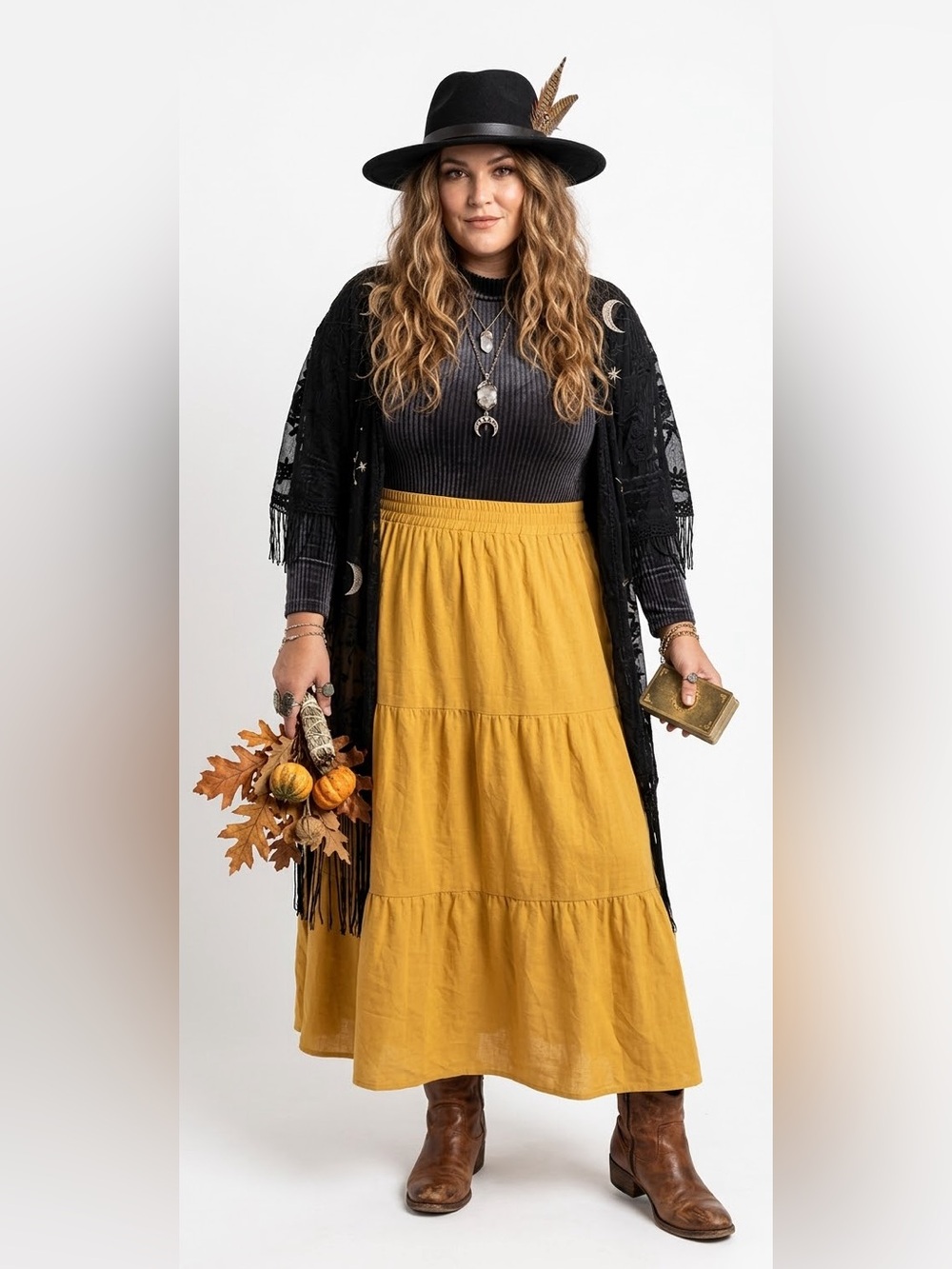 Mustard Yellow Linen Blend Tiered Maxi Skirt -3x
